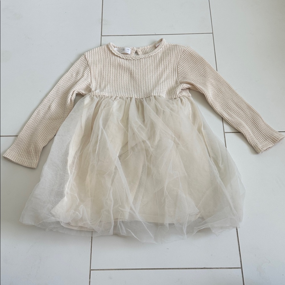 Zara Cream Ribbed Knit tulle dress 4/5Y